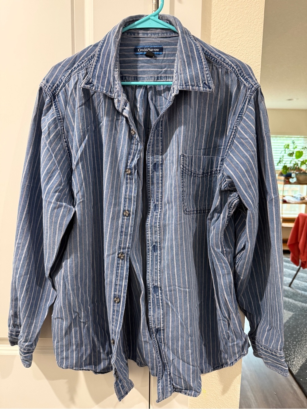 croft & barrow Navy Blue Denim Vertical Striped Button Up Shirt